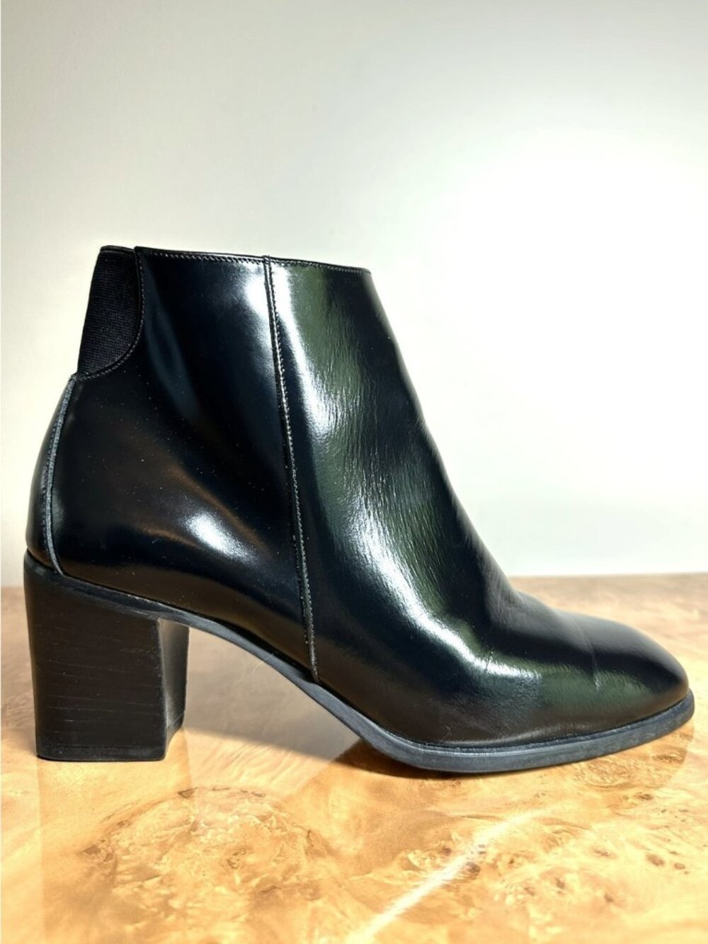 Hunt Club Victoria Black Leather Ankle Boots Chelsea Block Heel Italy Size 8.5 M